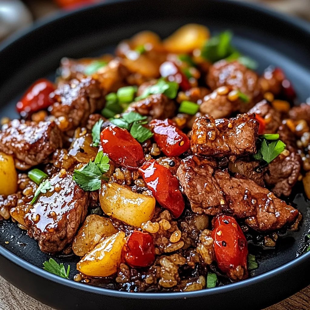 Geräucherter Honig-Chili-Rindfleischreis aus einer Pfanne