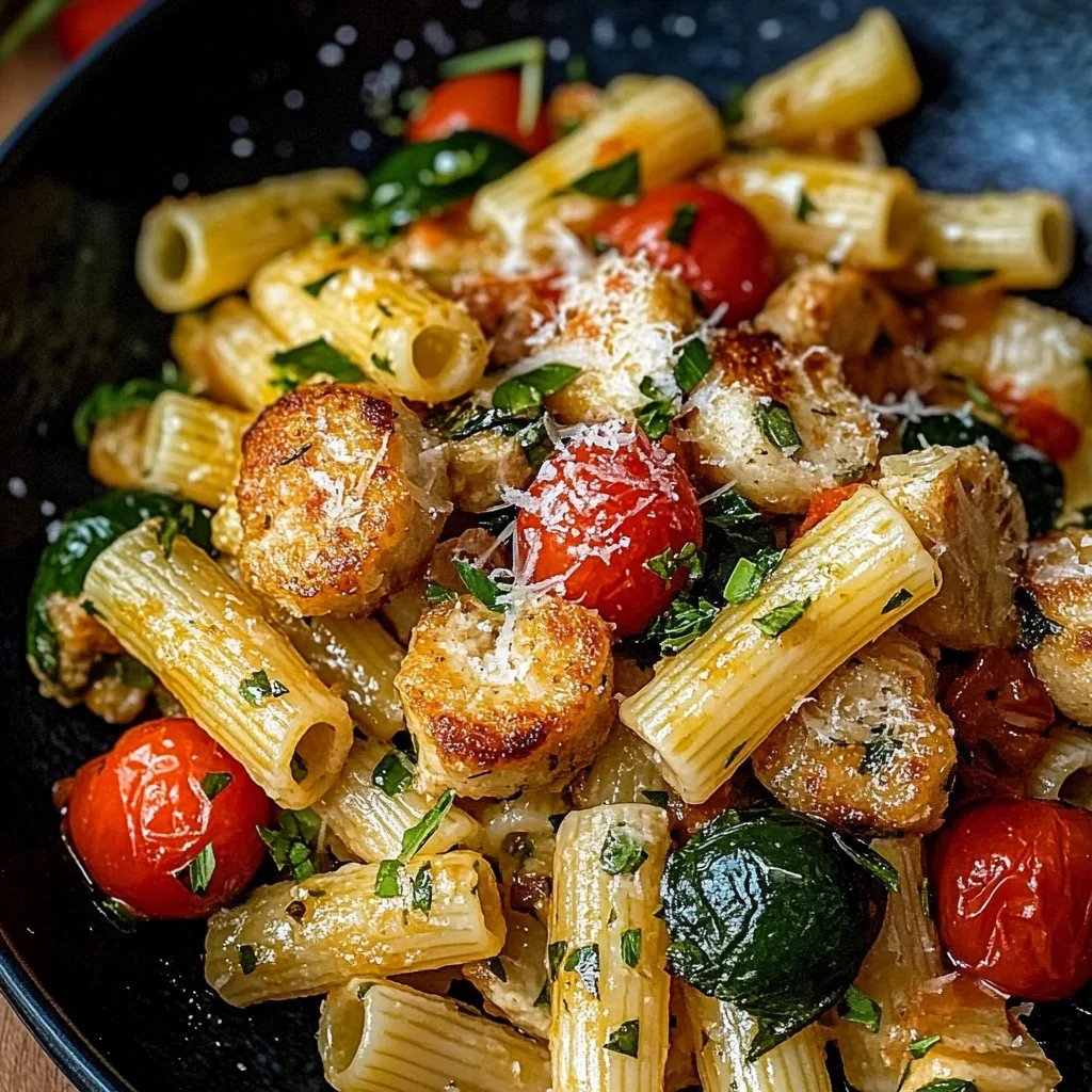 Hähnchenwürstchen mit Zucchini, Tomaten und Pasta